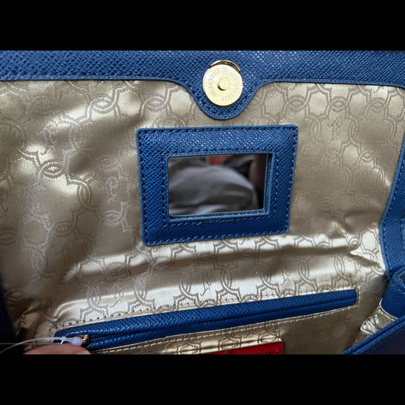 Ivanka Trump preppy blue clutch gold hardware with cream& gold stripes - Picture 3 of 8